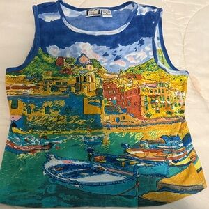Vintage Scenic Print Women's Tank Top - Blue, Yellow, Green